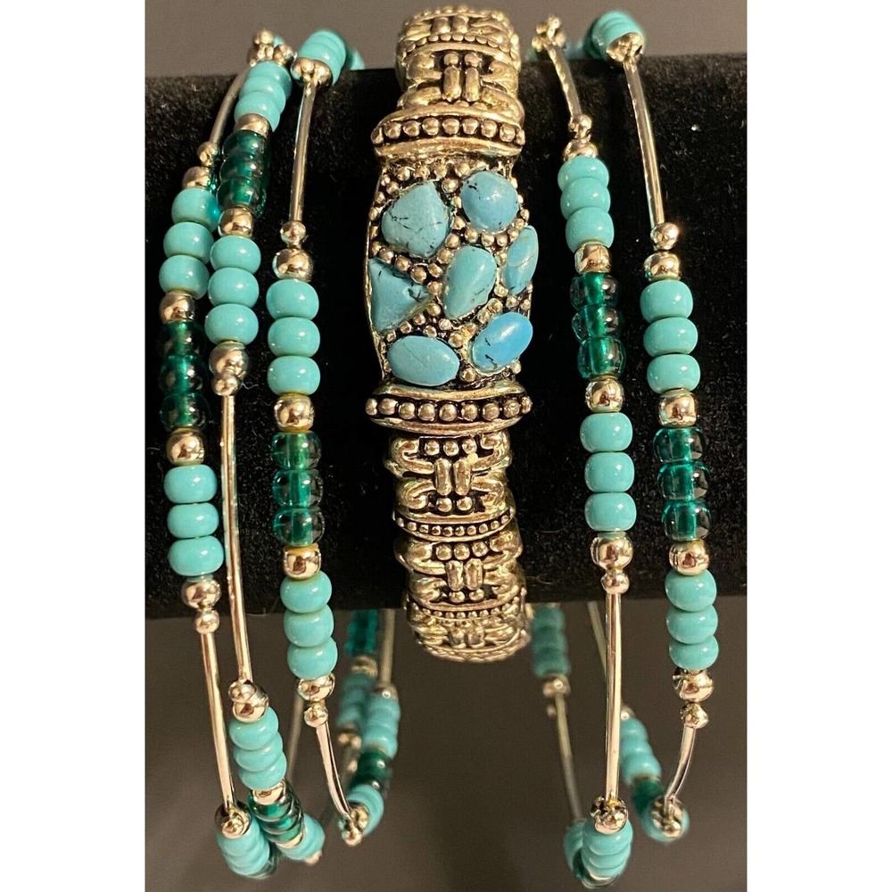 Turquoise Blue Silver Tone Stackable Bracelet Set - image 4